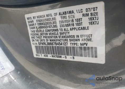 2007 Honda Odyssey Ex-L z USA, uszkodzony, nr VIN 5FNRL38667B454127